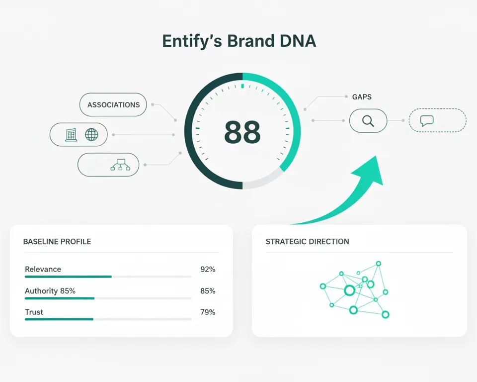 Brand DNA analysis dashboard showing entity strength score, AI citation likelihood, and entity maps