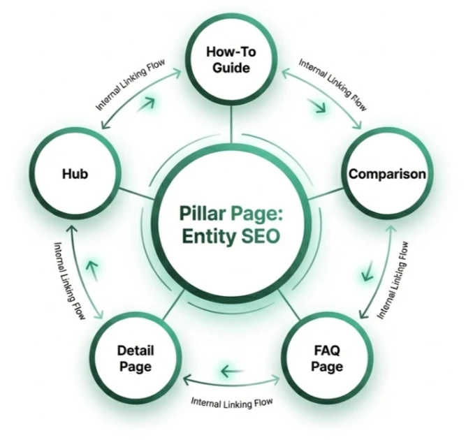 Content Clusters architecture diagram showing pillar-cluster, hub-spoke, and silo content models