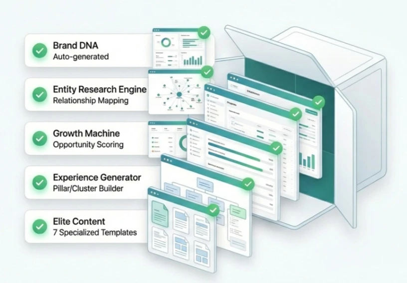 Entify SEO AI Agents dashboard showing five specialist agents with queued, running, and completed status indicators